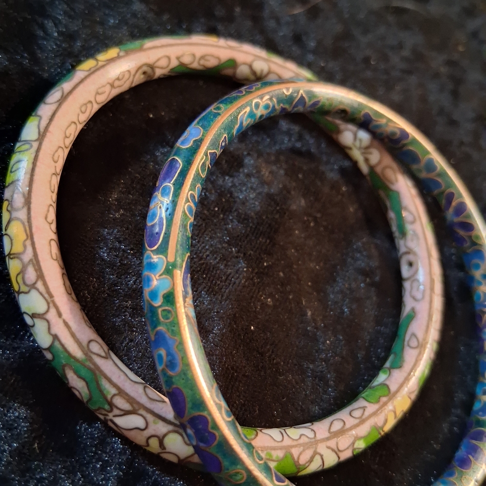 Vintage Brass & Enamel Floral Bangle Set .